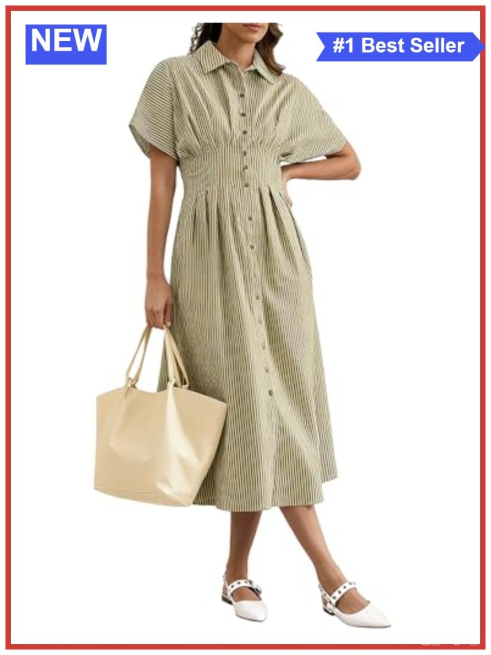 Button Front Pleated Shirt Maxi Dress Striped Cotton Summer